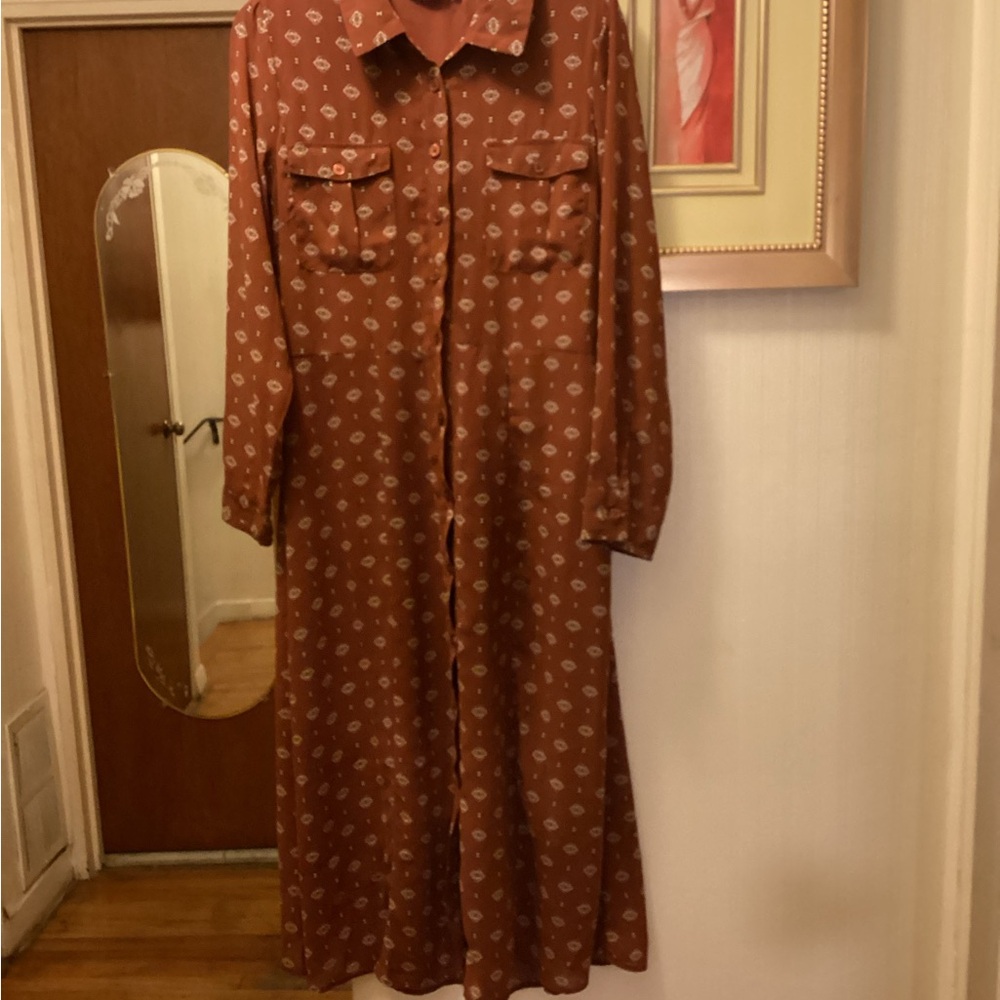 Lucky Brand Floral Brown Long Sleeve Dress SZ L $22.
